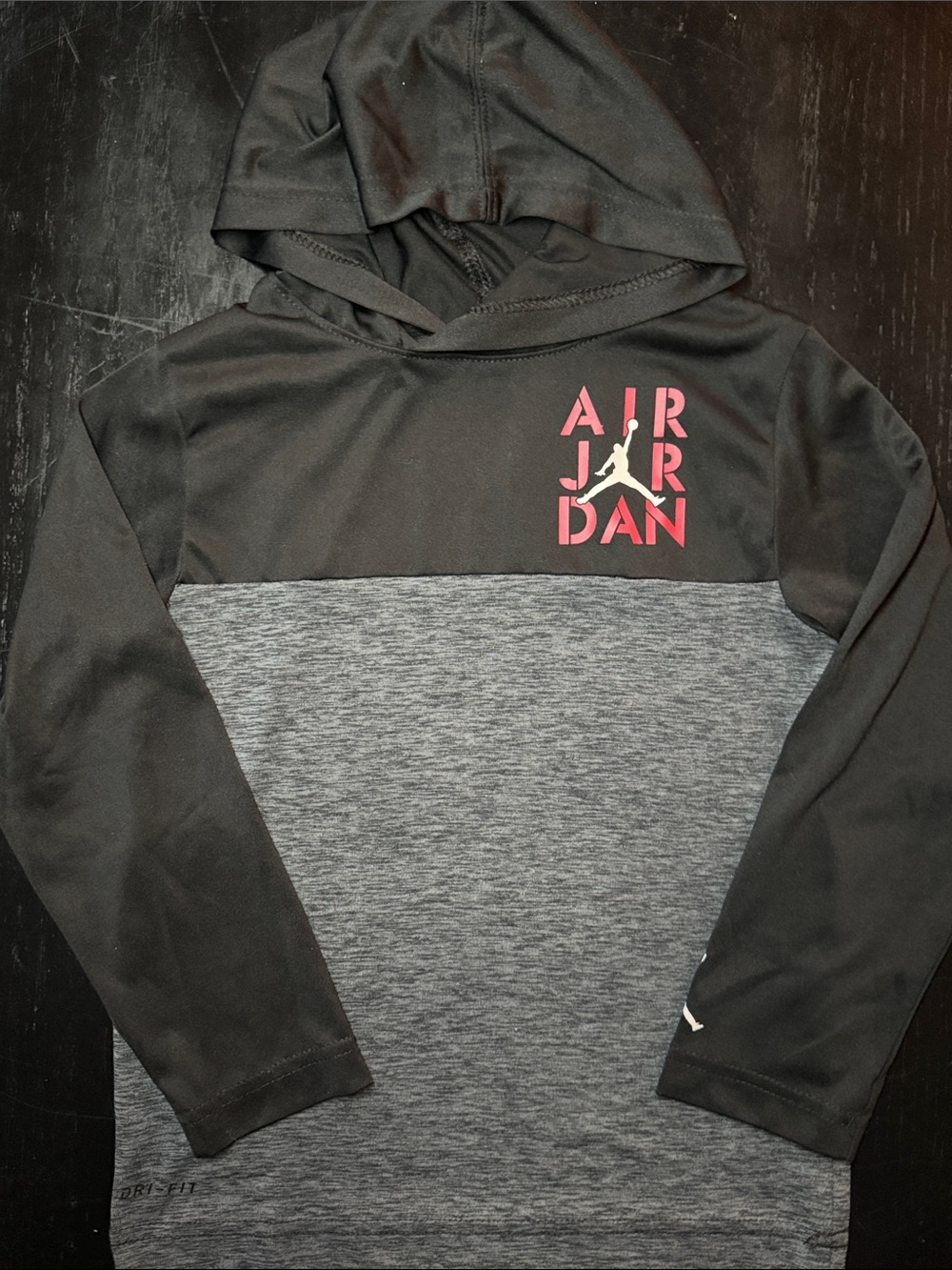 Jordan Black and Gray Colorblock Hooded Pullover with Red Logo